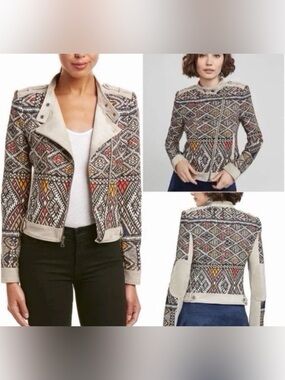 BCBG Max Azria Ziggy Woven Moto Jacket with Aztec/Tribal Pattern Bohemian SZ XS